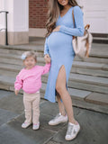 Momyknows Blue Knitting Side Slit V-Neck Long Sleeve Baby Shower Maternity Maxi Dress