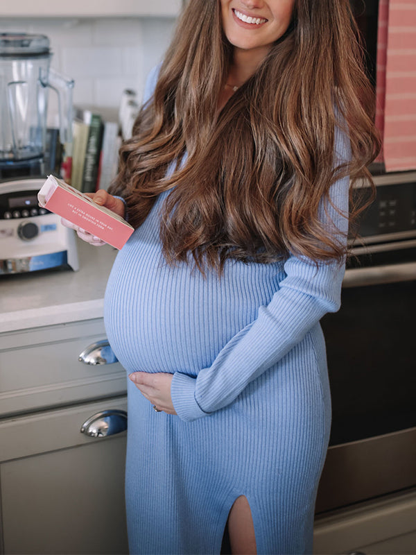 Momyknows Blue Knitting Side Slit V-Neck Long Sleeve Baby Shower Maternity Maxi Dress