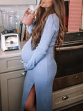 Momyknows Blue Knitting Side Slit V-Neck Long Sleeve Baby Shower Maternity Maxi Dress