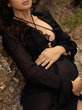 Momyknows Chiffon Chic Ruffle Falbala Side Slit Deep V-neck Sheer Maternity Photoshoot Maxi Dress