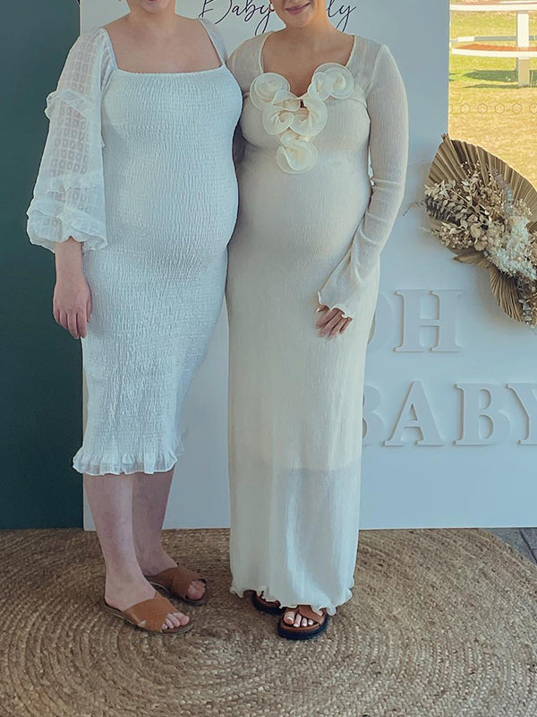 Momyknows White 3D Flower Back Split V-Neck Baby Shower Baby Shower Maternity Photoshoot Maxi Dress