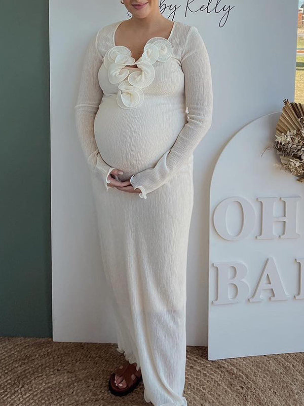 Momyknows White 3D Flower Back Split V-Neck Baby Shower Baby Shower Maternity Photoshoot Maxi Dress