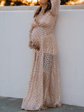 Momyknows Belly Friendly Sequin V-Neck Backless Sheer Gingham Photoshoot Maternity Maxi Dress