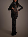 Momyknows Black Mesh Tassel Beading Rhinestone Bodycon Party Plus Size Maternity Photoshoot Maxi Dress