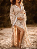 Momyknows Belly Friendly Lace Ruffle Side Slit V-neck Flare Sleeve Bohemian Photoshoot Maternity Maxi Dress