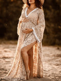 Momyknows Belly Friendly Lace Ruffle Side Slit V-neck Flare Sleeve Bohemian Photoshoot Maternity Maxi Dress
