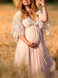 Momyknows Belly Friendly V-Neck Ruffle Lace Patchwork Bohemian Photoshoot Maternity Maxi Dress
