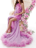 Momyknows Purple Tulle Falbala Side Slit One Shoulder Mermaid Eleagnt Evening Gown Maternity Photoshoot Baby Shower Maxi Dress