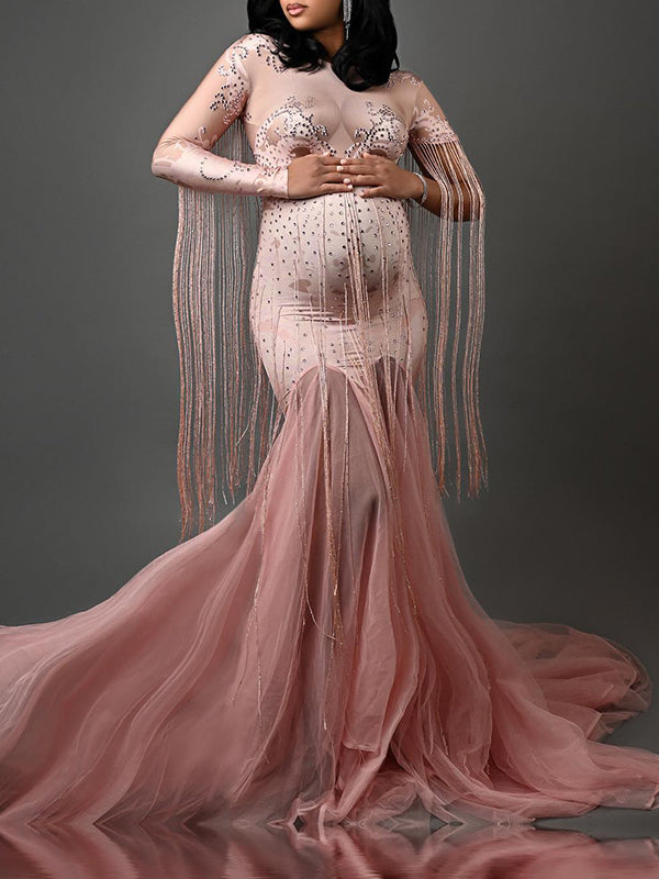 Momyknows Belly Friendly Mermaid Round Neck Diamond Big Swing Single Sleeve Tassel Babyshower Maternity Maxi Dress