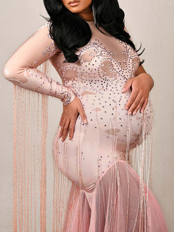 Momyknows Belly Friendly Mermaid Round Neck Diamond Big Swing Single Sleeve Tassel Babyshower Maternity Maxi Dress