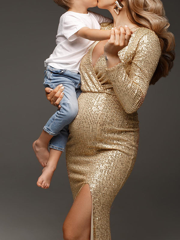 Momyknows Golden Glitter Sequin Side Slit V-Neck Elegant Eevning Gown Maternity Photoshoot Baby Shower Party Maxi Dress Golden / 2XL Momyknows Golden Glitter Sequin Side Slit V-Neck Elegant Eevning Gown Maternity Photoshoot Baby Shower Party Maxi Dress Golden / 2XL
