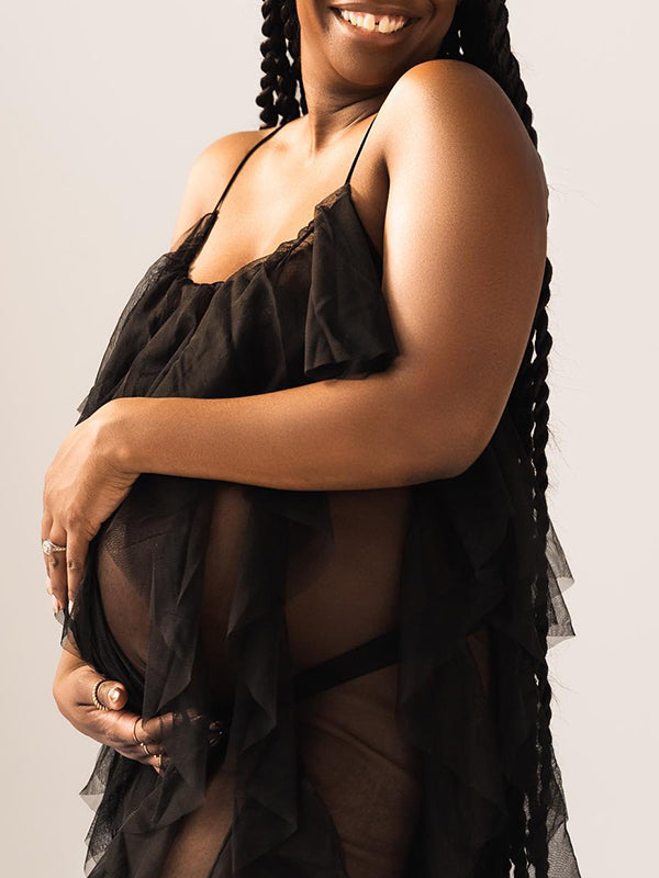 Momyknows Black Sheer Tulle Ruffle Cami Falbala Backless Elegant Maternity Photoshoot Maxi Dress