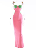 Momyknows Pink Cut Out Cami Backless Hit Color Bodycon Elegant Evening Beach Vacation Maternity Photoshoot Baby Shower Maxi Dress
