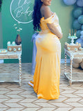 Momyknows Yellow Off Shoulder Side Slit Side Draped Banquet Gown Baby Shower Maternity Maxi Dress