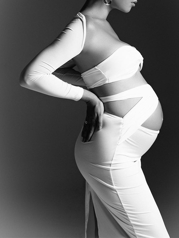 Momyknows White Crop Cut Out Cross Chest Long Sleeve Bodycon Photoshoot Maternity Maxi Dress