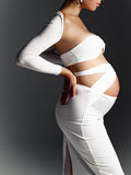 Momyknows White Crop Cut Out Cross Chest Long Sleeve Bodycon Photoshoot Maternity Maxi Dress