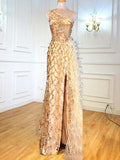 Momyknows Sequin Feather Splicing One Shoulder Side Slit Draped Banquet Gown Photoshoot Maternity Maxi Dress