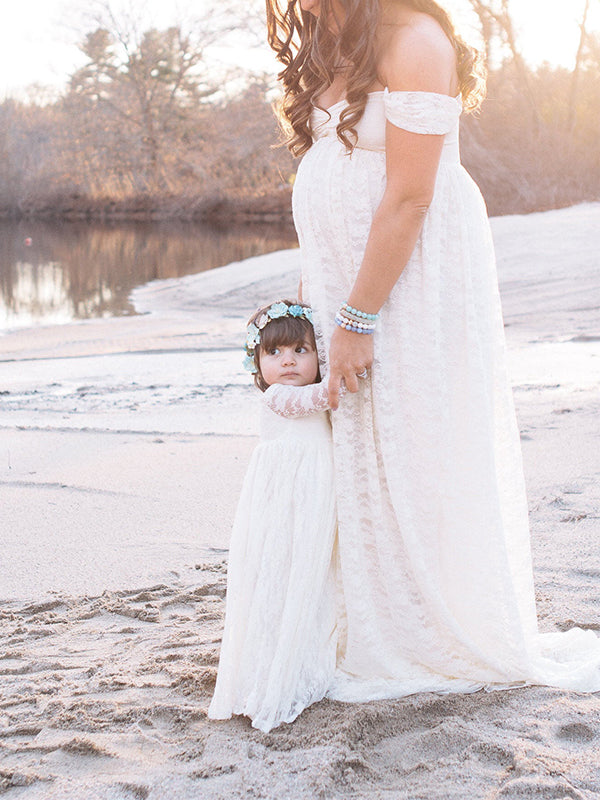maternity solid white lace off shoulder dress Momyknows White Off Shoulder Lace Bandeau Tie Front Mermaid Bandage Going Out Photoshoot Maternity Maxi Dress, White / XL