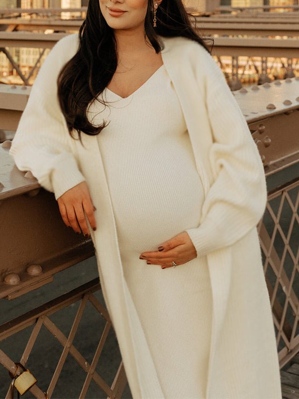 maternity sweater dresses Heather Gray Dress 98cm Length (cm) Momyknows Solid Color Knitting 2-in-1