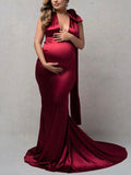 Momyknows Satin Backless Bowknot Halter Neck Mermaid Bodycon Christmas Evening Maternity Maxi Dress
