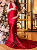 Momyknows Satin Backless Bowknot Halter Neck Mermaid Bodycon Christmas Evening Maternity Maxi Dress