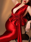 Momyknows Satin Backless Bowknot Halter Neck Mermaid Bodycon Christmas Evening Maternity Maxi Dress