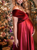 Momyknows Satin Off Shoulder High Waist Big Swing Christmas Evening Maternity Maxi Dress