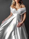 Momyknows Satin Off Shoulder High Waist Big Swing Christmas Evening Maternity Maxi Dress