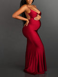 Momyknows Red Spaghetti Strap Backless Bodycon Mermaid Evening Gown Photoshoot Maternity Maxi Dress