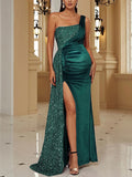 Momyknows Solid Color Sequin One Shoulder Side Draped Slit Bodycon Evening Gown Maternity Maxi Dress