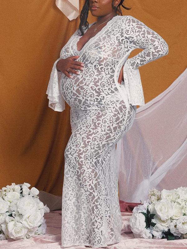 Momyknows Lace Sheer V-Neck Bodycon Flare Sleeve Mermaid Photoshoot Maternity Maxi Dress