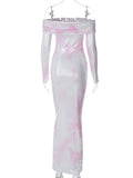 Momyknows Tie Dye Off Shoulder Bronzing Bodycon Prom Evening Party Elegant Baby Shower Maternity Maxi Dress