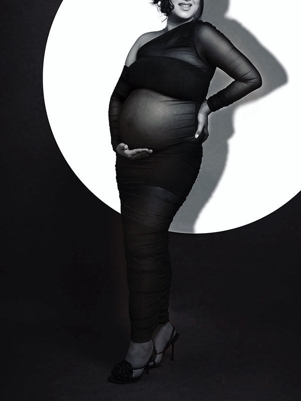 Momyknows Black Mesh Sheer Irregular Backless Cut Out Side Slit Photoshoot Maternity Maxi Dress