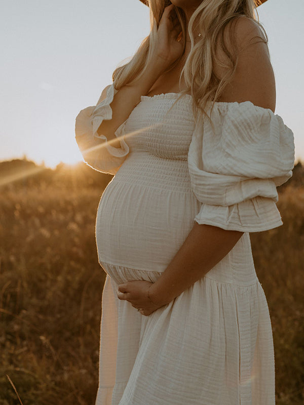 White Ruched Maternity Maxi Dress with Ruffle and Puff Sleeve Details and High Waist Fit, Photoshoot