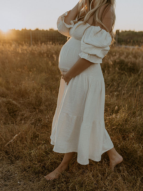 White Ruched Maternity Maxi Dress with Ruffle and Puff Sleeve Details High Waist Fit