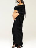 Momyknows Black Knitted Off Shoulder Drawstring Bodycon Crop Top And Skirt Chic Party Maternity Photoshoot Baby Shower Maxi Dress