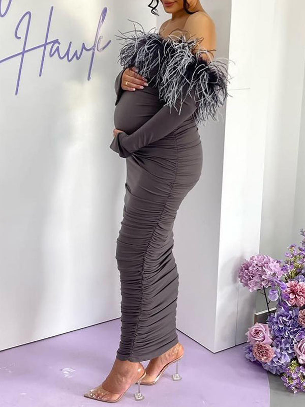 Momyknows Grey Feather Ruched Off Shoulder Slit Flare Sleeve Bodycon Photoshoot Gown Baby Shower Maternity Maxi Dress