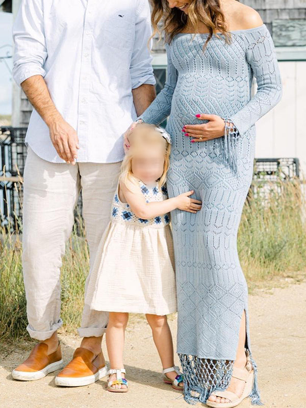 Momyknows Light Blue Off Shoulder Tassel Cut Out Side Slit Bodycon Gender Reveal Baby Shower Maternity Maxi Sweater Dress