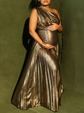 Momyknows Golden One Shoulder Pleated Sparkly Party Evening Photoshoot Gown Maternity Maxi Dress