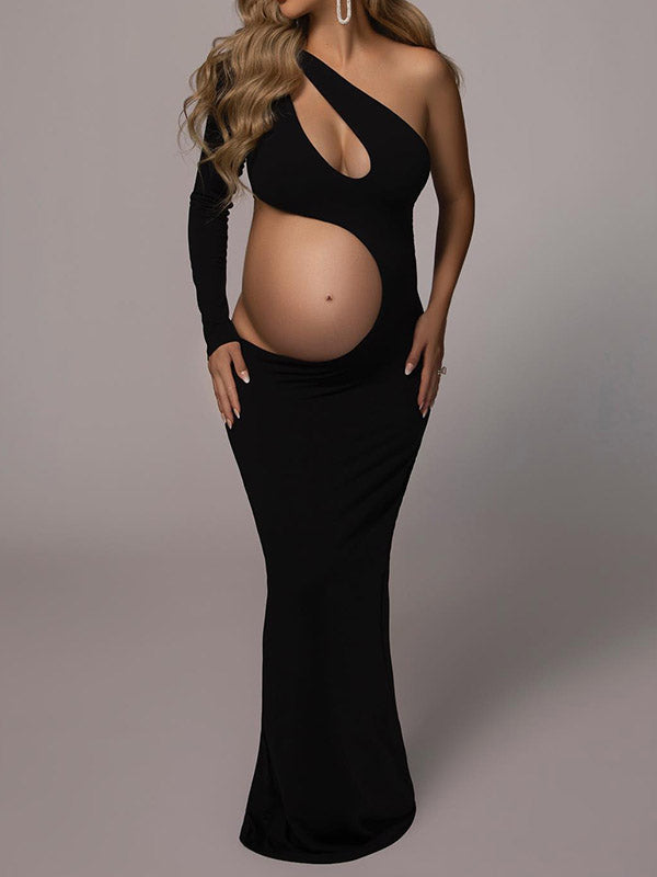 Momyknows Elegant Bodycon Cutout Bare Waist Irregular Oblique Shoulder Bodycon Maternity Photoshoot Maxi Dress