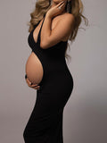 Momyknows Elegant Bodycon Cutout Bare Waist Irregular Oblique Shoulder Bodycon Maternity Photoshoot Maxi Dress