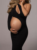 Momyknows Elegant Bodycon Cutout Bare Waist Irregular Oblique Shoulder Bodycon Maternity Photoshoot Maxi Dress