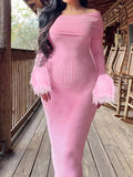 Momyknows Pink Elegant Bodycon Feather Fluffy Off Shoulder Daily Maternity Babyshower Maxi Dress