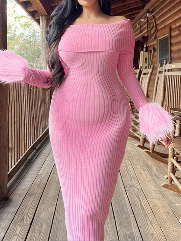Momyknows Pink Elegant Bodycon Feather Fluffy Off Shoulder Daily Maternity Babyshower Maxi Dress