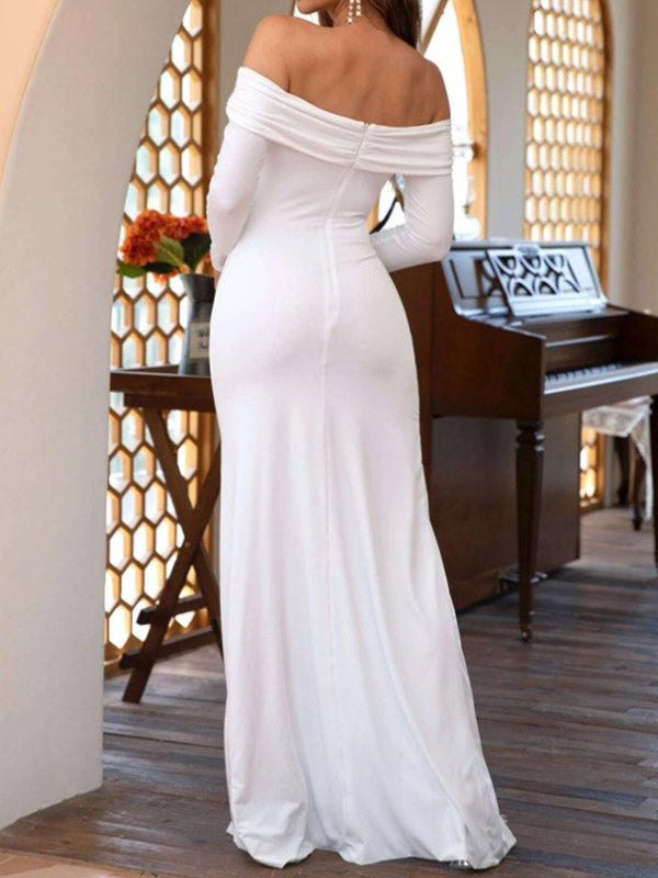 Momyknows White Elegant Ruffle Bodycon Thigh High Side Slits Off Shoulder Occasion Maternity Babyshower Maxi Dress