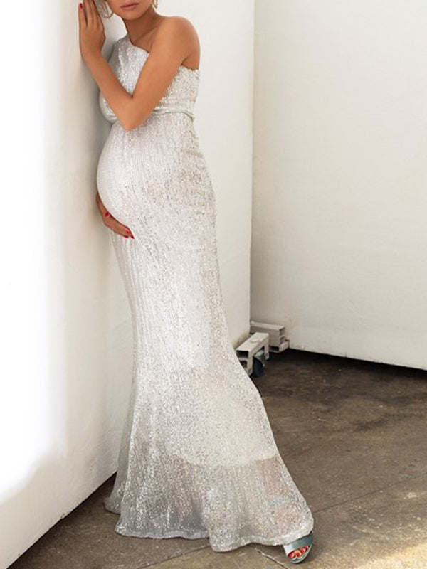 Momyknows Silver One Sleeve Sequin Mermaid Evening Photoshoot Gown Maternity Maxi Dress