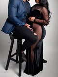 Momyknows Black Cut Out Mesh Sheer Pleuche Bodycon Evening Photoshoot Gown Maternity Maxi Dress