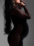Momyknows Black Cut Out Mesh Sheer Pleuche Bodycon Evening Photoshoot Gown Maternity Maxi Dress