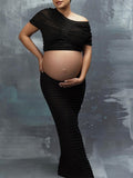 Momyknows Black 2 Pieces Ruched Mesh Sheer Bodycon Fashion Photoshoot Maternity Maxi Dress