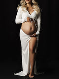 Momyknows White 2 Pieces Ruched Drawstring Knot Side Slit Backless V-neck Baby Shower Photoshoot Maternity Maxi Dress